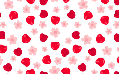 Delicate cherry and blossoms pattern horizontal background. Vector cute summer fruit print with red cherries and pink flowers on white. Berry texture for wrapping, summer decor, fashion, wallpaper.