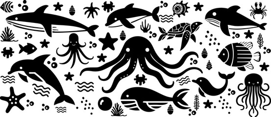 Sea and ocean fish set, aquarium animal vector, seahorse, dolphin, star, shark, whale, jellyfish, turtel