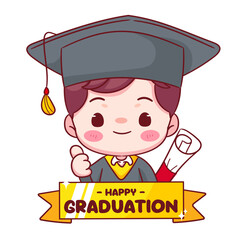 Happy Graduation Cute boy showing thumb up with cap and gown. Education concept design. Kawaii chibi cartoon character illustration