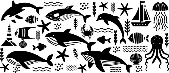 Sea and ocean fish set, aquarium animal vector, seahorse, dolphin, star, shark, whale, jellyfish, turtel