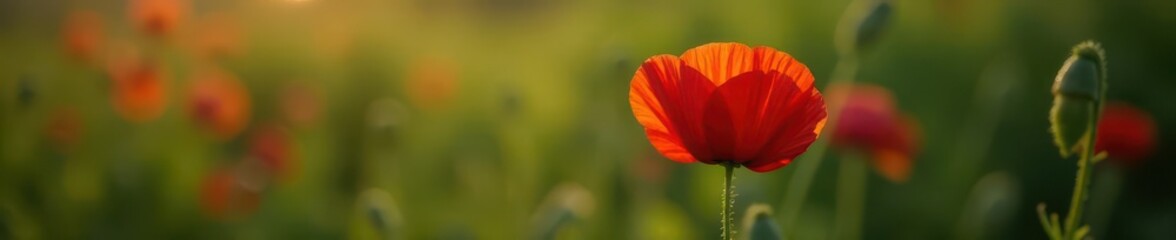 Obraz premium Vibrant red poppy, delicate stem, lush leaves, wildflower, beauty