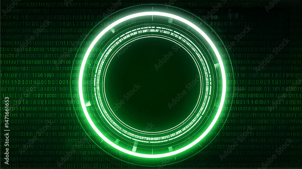 Poster futuristic digital interface with a glowing green circular design on a dark background