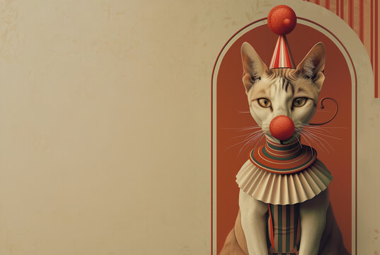 Chat au regard s&eacute;rieux d&eacute;guis&eacute; en clown avec chapeau &agrave; pompon, nez rouge et collerette ray&eacute;e, composition humoristique et surr&eacute;aliste avec espace n&eacute;gatif copyspace sur fond beige et rouge stylis&eacute;