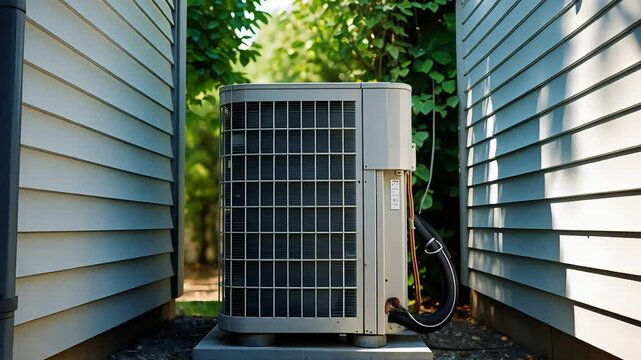 Outdoor air conditioning unit installed between two residential house walls on a concrete base with trees and sunlight in the background

