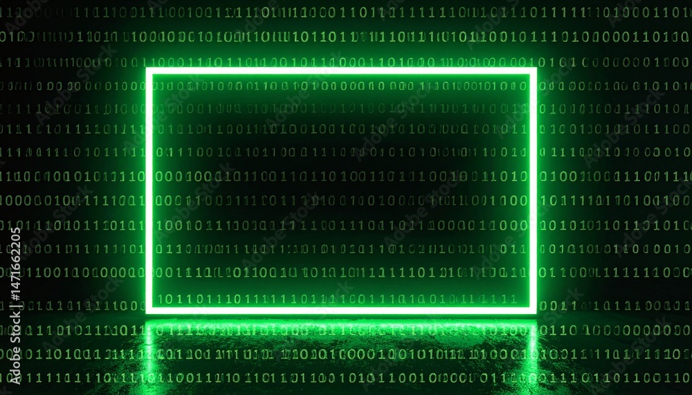 Wall mural a glowing neon green square against a backdrop of binary code, representing technology and innovatio