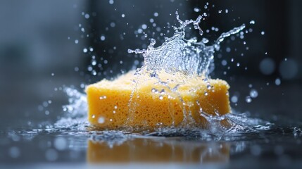 A yellow sponge with water splashing