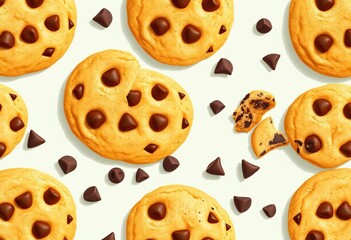 Sweet chocolate chip cookies seamless vector pattern, perfect for baking, food blogs, and textile design, fabric, textile