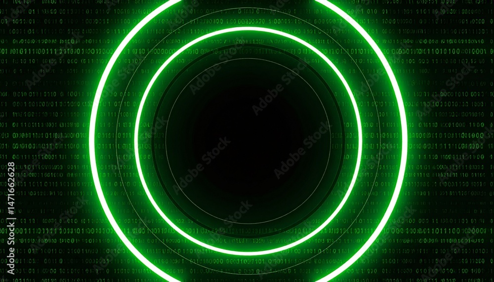 Poster digital green neon rings and binary code background. a technological and futuristic design, ideal fo