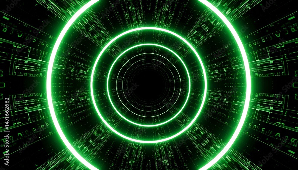 Poster a glowing tunnel with bright green light creating a sense of depth and futuristic technology. this i