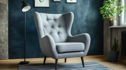 Gray wingback chair in a modern living room.