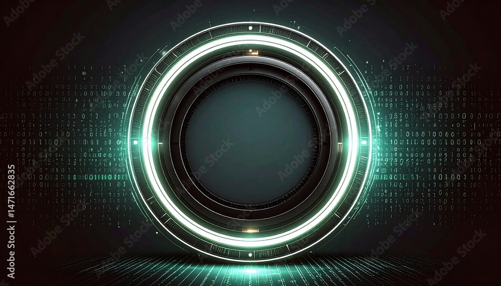 Poster a futuristic and sleek design featuring a glowing circular interface and digital data background