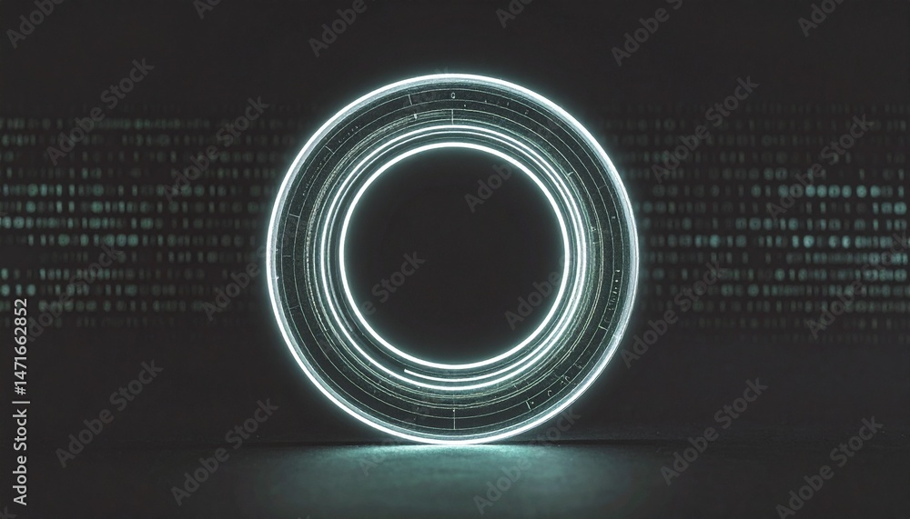 Poster futuristic glowing neon circle ring portal in dark room with binary code background