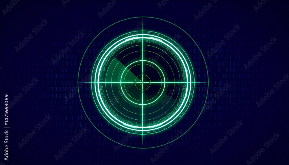 Poster a captivating radar screen display with a dark blue background. the screen glows with concentric cir