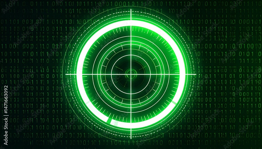 Poster an abstract radar screen interface with a green target and binary code background, symbolizes techno
