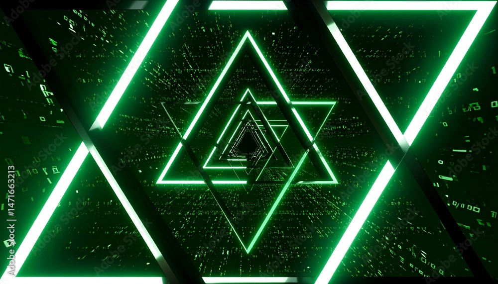 Poster green neon triangles forming a tunnel. the glowing lines create a mesmerizing, abstract effect.