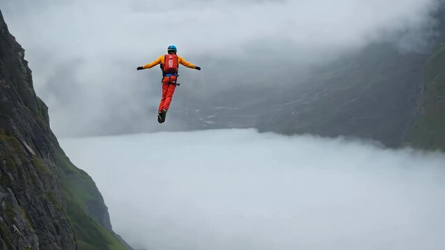 A wingsuit flyer gliding over a deep valley surrounded by mountains and clouds