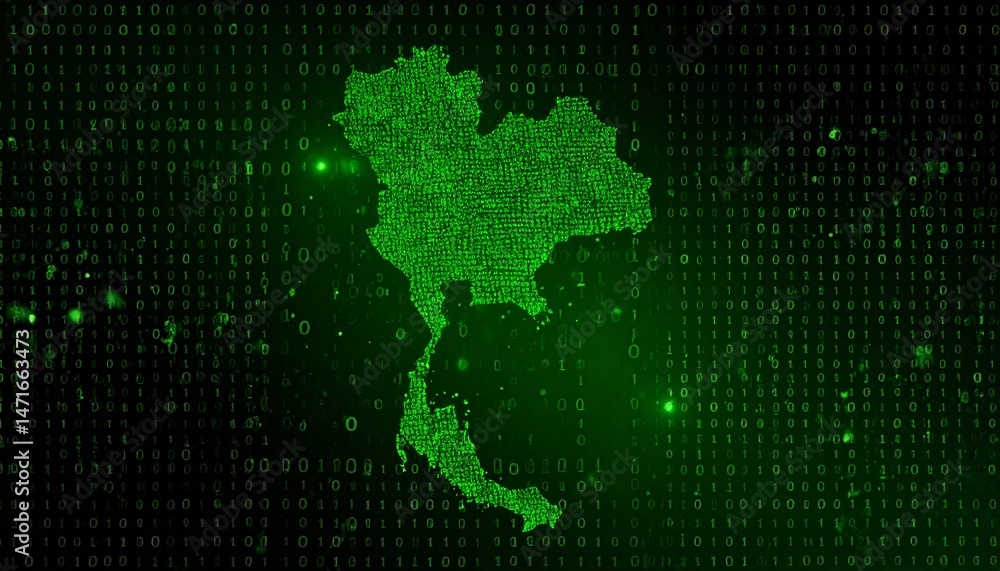Poster digital representation of thailand's map in green, highlighting the country's outline within a techn