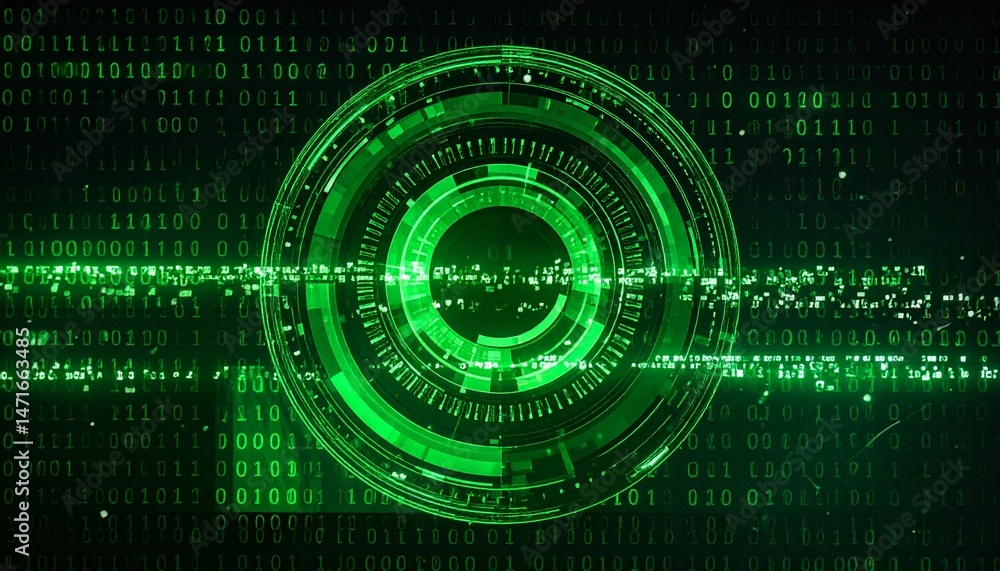 Poster an eye-catching image of futuristic cybernetics with a green digital interface, the scene has a circ
