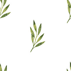 Stylized minimalist modern watercolor botanical pattern. Wallpaper, textile seamless background. Green foliage pattern.