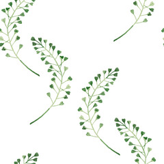 Stylized minimalist modern watercolor botanical pattern. Wallpaper, textile seamless background. Green foliage pattern. Shepherds purse meadow plant.