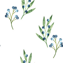 Stylized minimalist modern watercolor botanical pattern. Wallpaper, textile seamless background. Green foliage pattern and blue berries.