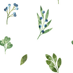 Stylized minimalist modern watercolor botanical pattern. Wallpaper, textile seamless background. Green foliage pattern blue berries, blueberry.