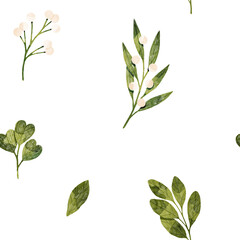 Stylized minimalist modern watercolor botanical pattern. Wallpaper, textile seamless background. Green foliage and berries pattern.