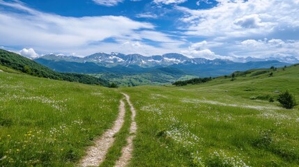 Fototapeta premium A winding dirt path leads through a vibrant green meadow, dotted with wildflowers, towards a majestic mountain range under a partly cloudy sky. : Generative AI