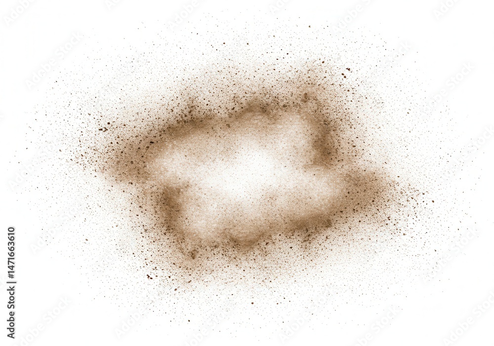 Poster abstract dust explosion with fine particles spreading outward in a circular pattern on a white backg