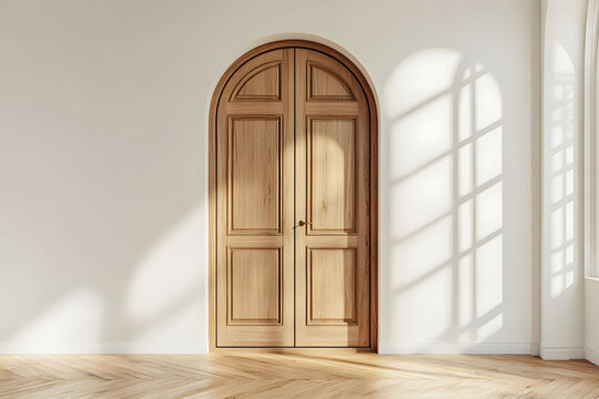 Sunlight Streaming Through Arched Wooden Door in Minimalist Interior - Powered by Adobe