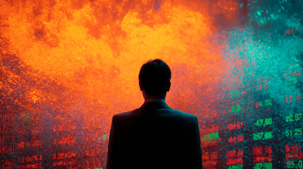 Silhouette of man in suit facing colorful, abstract background with blurred numbers, suggesting financial market dynamics and strategic decision-making
