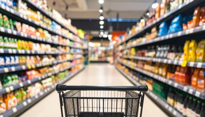 A shopper's view in a supermarket with shelves stocked with food and groceries. A shopping cart sits in the foreground, ready for the next purchase.