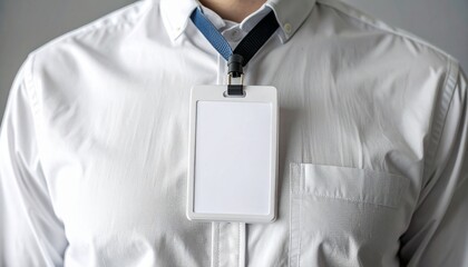 a person is wearing blank identification card around their neck, with a focus on the details of the shirt and card