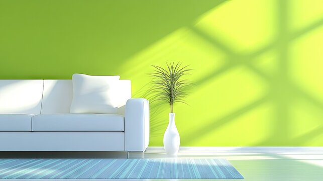 Modern living room interior design in a bright lime green color scheme.