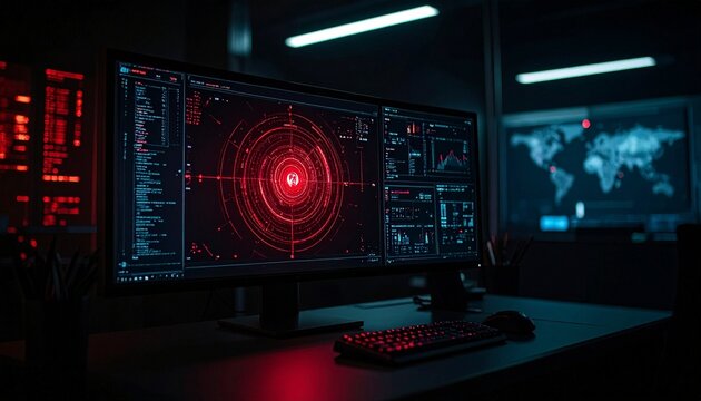 A high-tech control room with computer monitor. The main display showcases a vibrant red interface with data visualization, a symbol of data. - Powered by Adobe