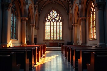 Fototapeta premium Serene church interior, stained glass illuminating quiet prayer space , peaceful, contemplation, serene