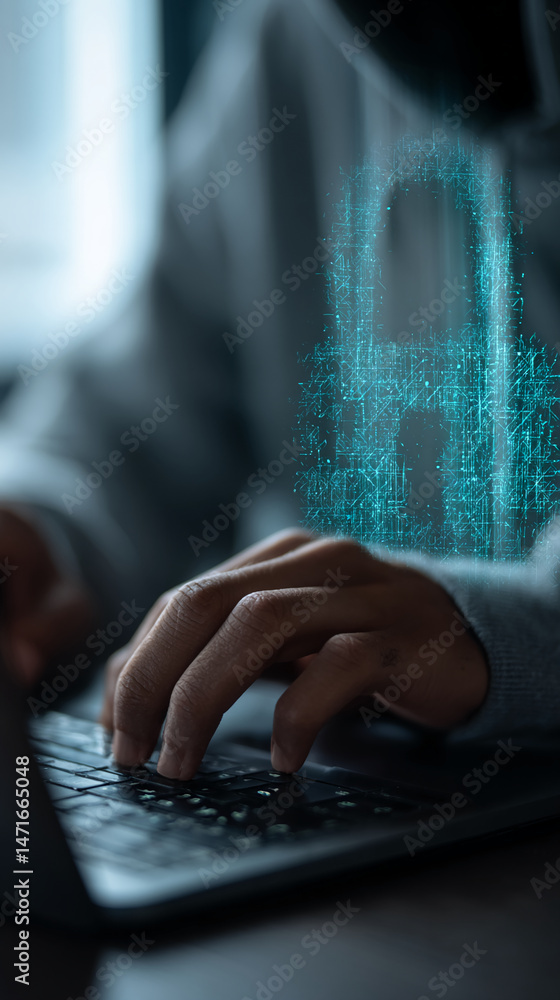 Poster close-up of hands typing on laptop keyboard, with a digital padlock icon floating above, symbolizing