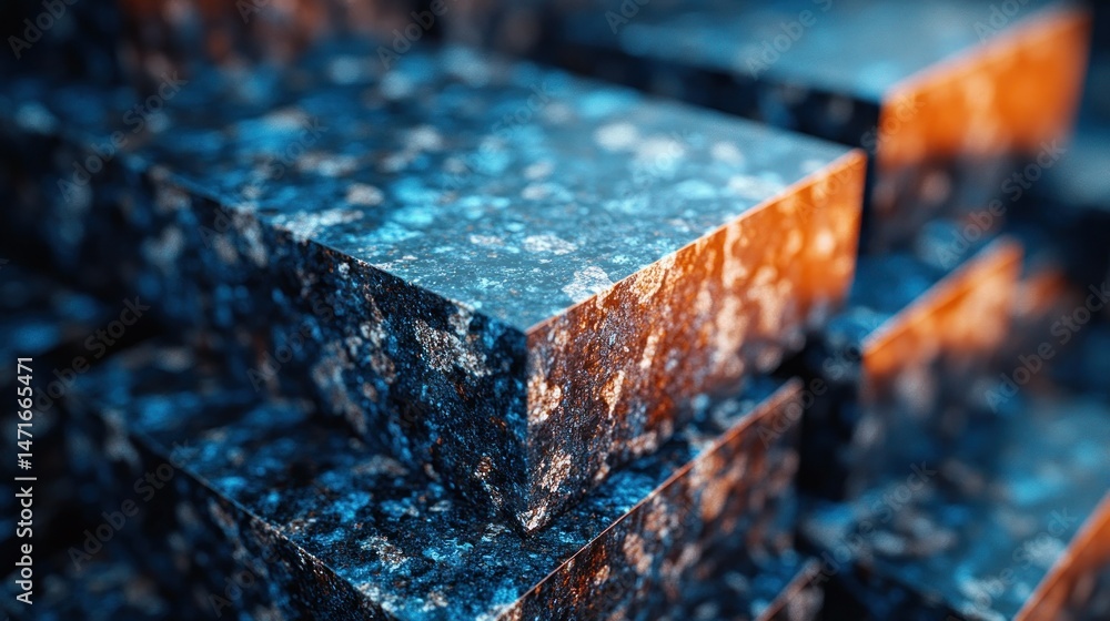 Poster abstract close-up view of stacked rectangular blocks with intricate patterns of dark blues and orang