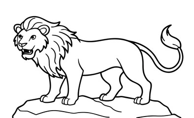 Obraz premium Coloring book. Fierce lion stands on a rocky cliff, wind blowing through his mane, roaring loudly.