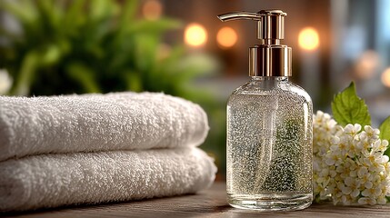 Clear pump bottle on bathroom tile counter with white towels in blurred background, spa-like ambiance 