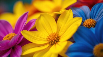 Vibrant close-up of colorful flowers; yellow, pink, and blue petals with prominent centers