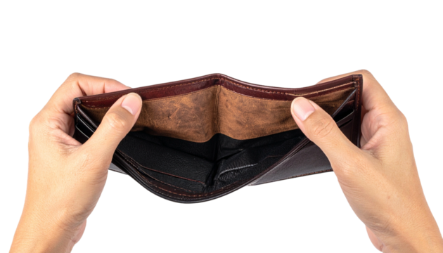 A pair of hands holding an empty wallet, symbolizing financial hardship and lack of funds. The worn leather interior hints at past use, while the emptiness conveys a sense of financial struggle