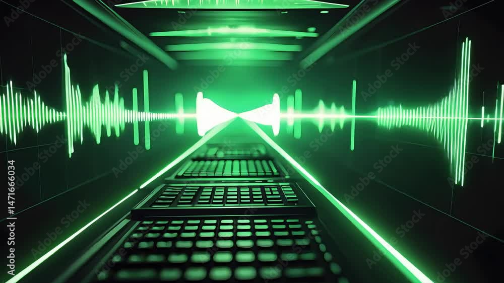 Poster futuristic tunnel with glowing green lights and digital sound wave patterns along walls, creating a 