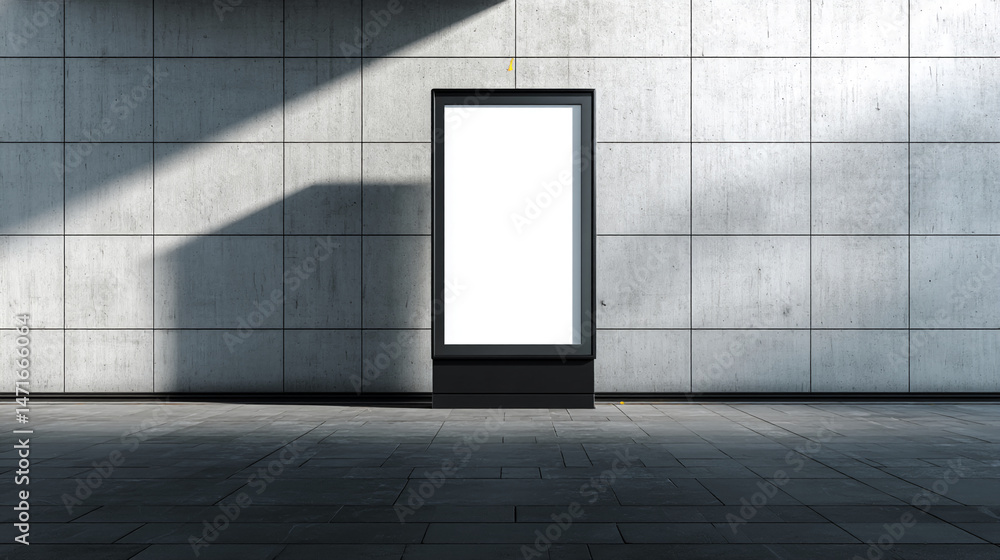 Poster blank vertical billboard on gray concrete wall, sunlight casting shadows mockup for advertisement, s
