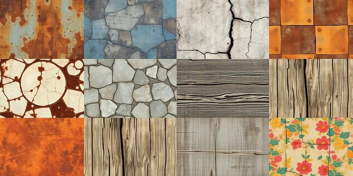 Twelve grungy vector patterns featuring diverse textures like rusted metal, cracked concrete, aged wood, and distressed fabric, abstract, high-resolution