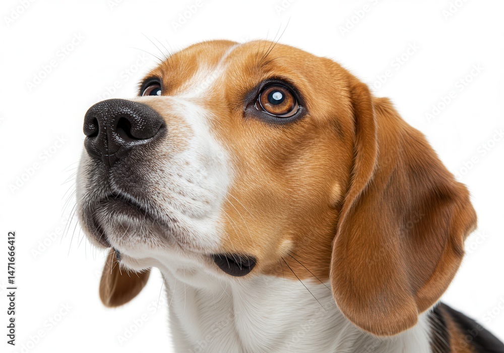 Poster close-up of a beagle's head looking upward with a curious expression on a white background