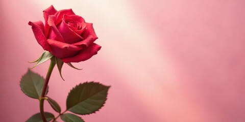 A single, vibrant red rose with dew drops, elegantly presented against a soft pink backdrop, symbolizes love and beauty.