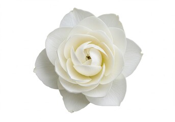 Close-up of a white camellia flower with delicate petals on a white background, revealing its intricate beauty