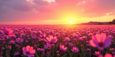 Serene Sunset over a Vibrant Field of Pink Blossoms, a Tranquil and Peaceful Nature Scene