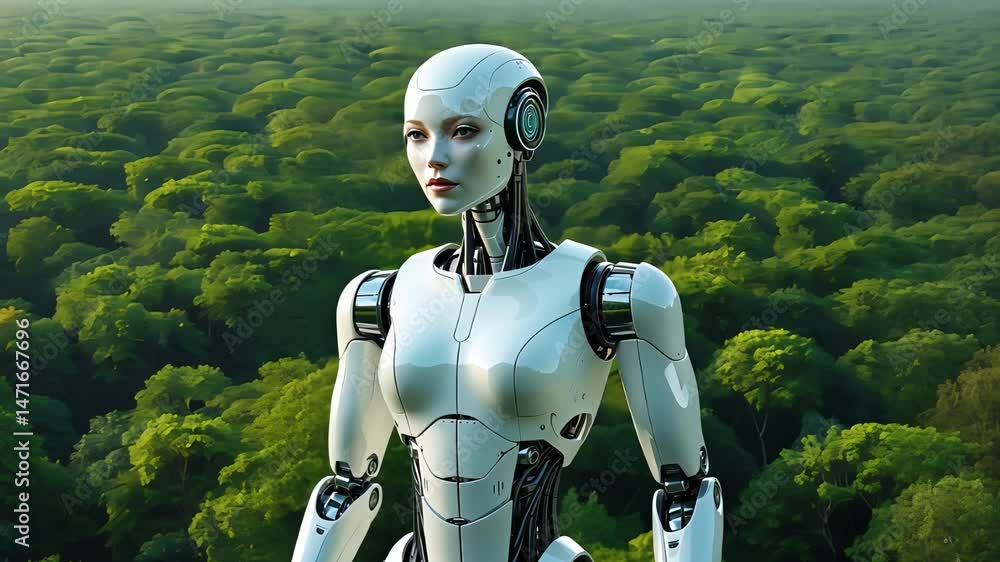 Poster futuristic humanoid robot standing in front of a dense green forest, combining advanced artificial i
